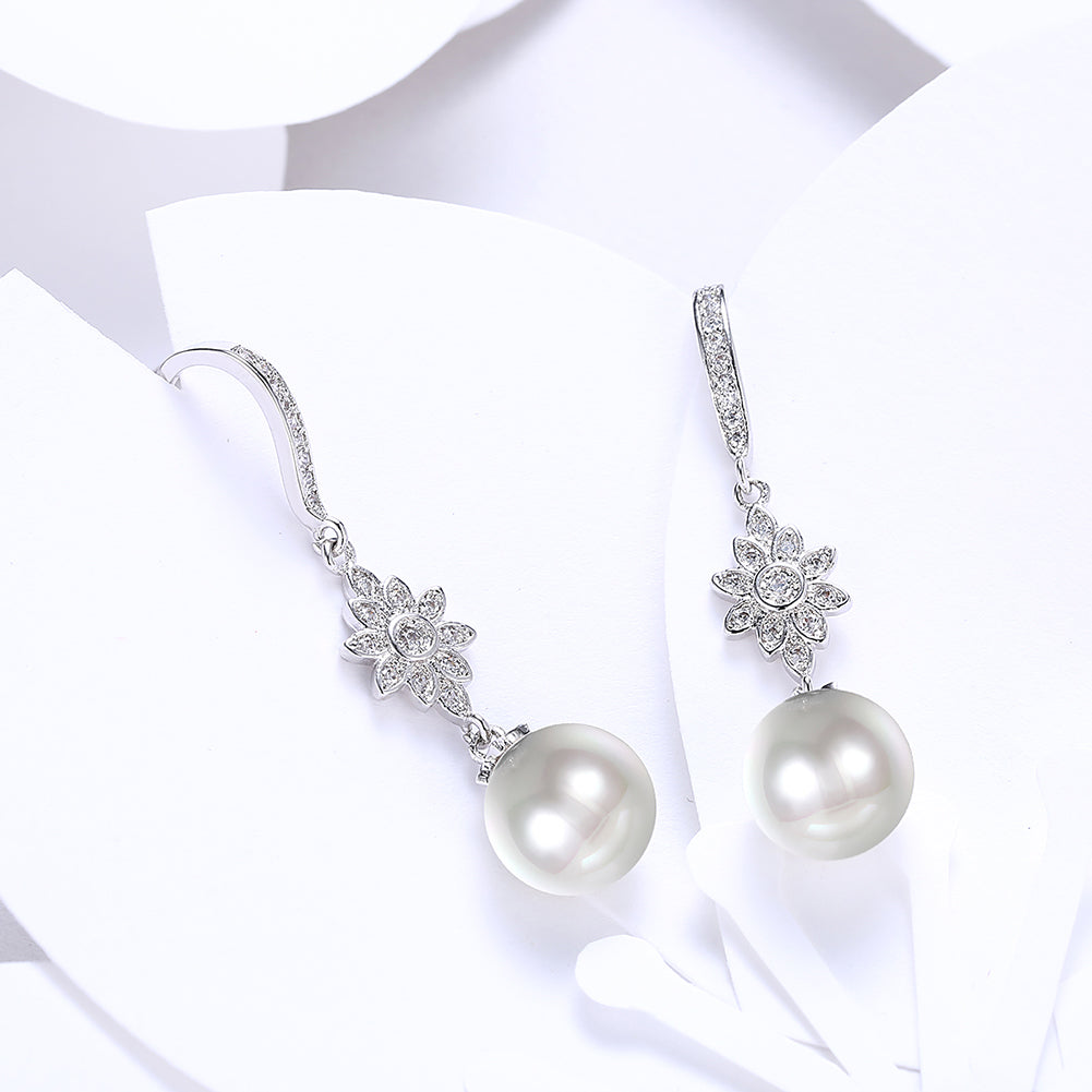 Freshwater Pearl Starburst Drop Earring in 18K White Gold Plated with