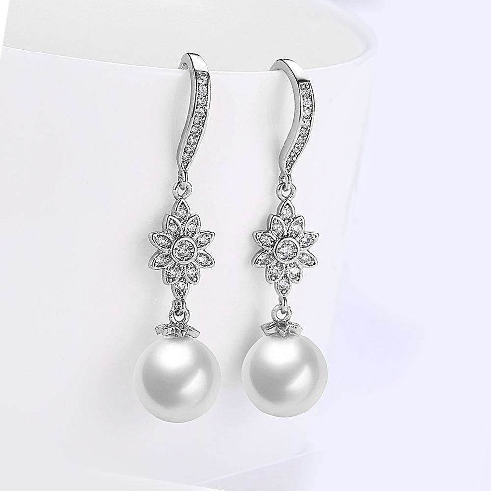 Freshwater Pearl Starburst Drop Earring in 18K White Gold Plated with