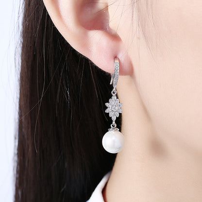 Freshwater Pearl Starburst Drop Earring in 18K White Gold Plated with