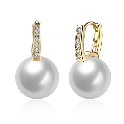 Micro-Pav'e  Crystal Curved Pearl Huggie Earrings Set in 18K Gold