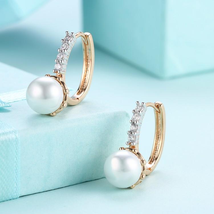 Austrian Crystal Curved Pav'e Pearl Huggie Earrings Set in 18K Gold IT