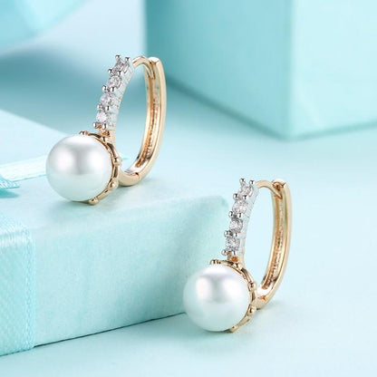 Austrian Crystal Curved Pav'e Pearl Huggie Earrings Set in 18K Gold IT