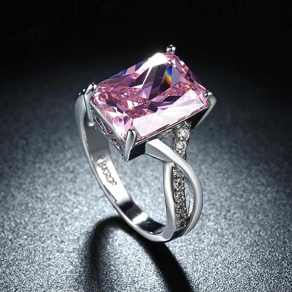 18k White Gold Plated Pink AAA Emerald Cut Crystal Pave Ring