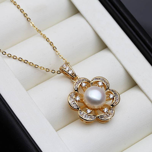 Designer Genuine Freshwater Pearl Floral Necklace in Gold