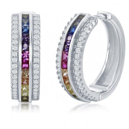 18K Gold-Plated Rainbow Stone Pave' Thick Hoop Earrings