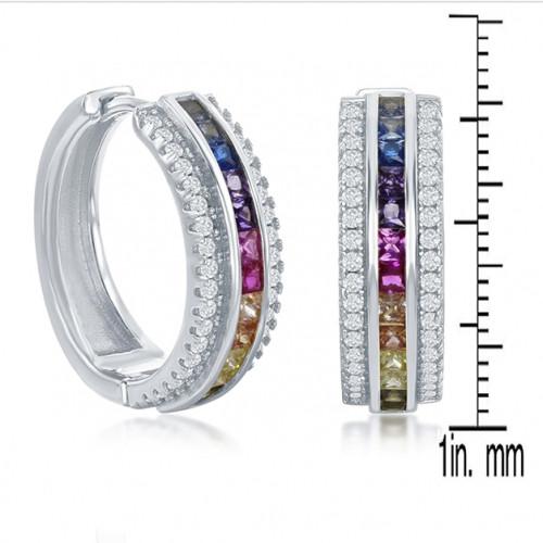 18K Gold-Plated Rainbow Stone Pave' Thick Hoop Earrings