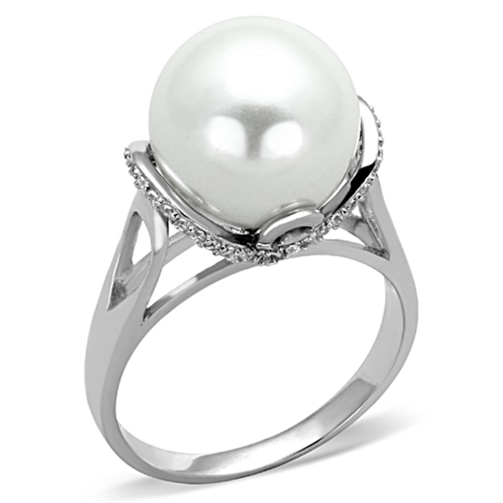 TS154 - Rhodium 925 Sterling Silver Ring with Synthetic Pearl in White