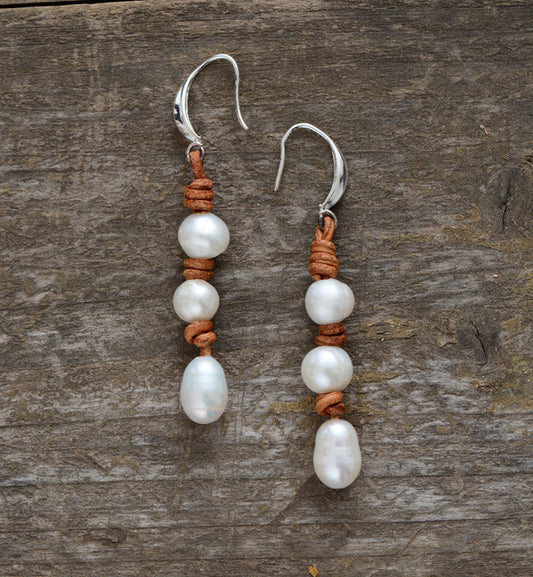 Women Pearl Earrings Freshwater Pearls Leather