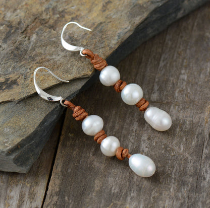 Women Pearl Earrings Freshwater Pearls Leather