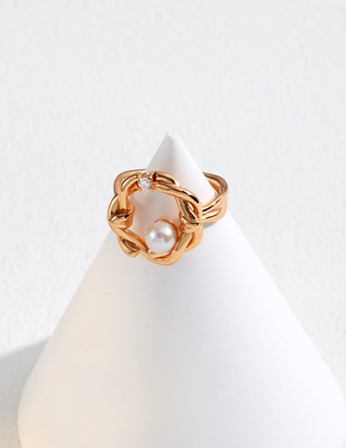 Twist Floral Pearl Open Ring