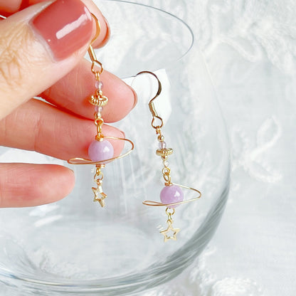 Amethyst Stone Purple Planet and Star Drop Earrings