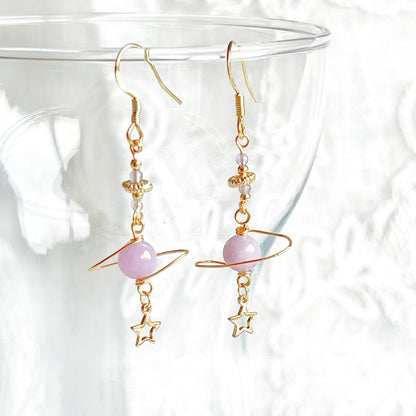 Amethyst Stone Purple Planet and Star Drop Earrings