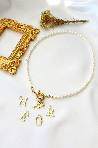 24 Karats Custom Initial  Freshwater Pearls Front Opening Choker