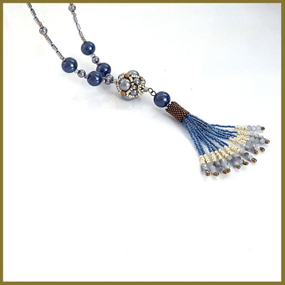 Blue Beaded Tassel Hematite Necklace