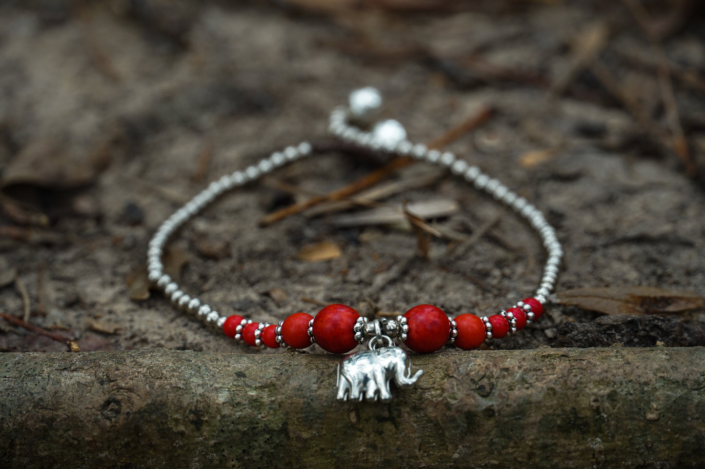 Red Elephant Pendant Boho Silver Anklet