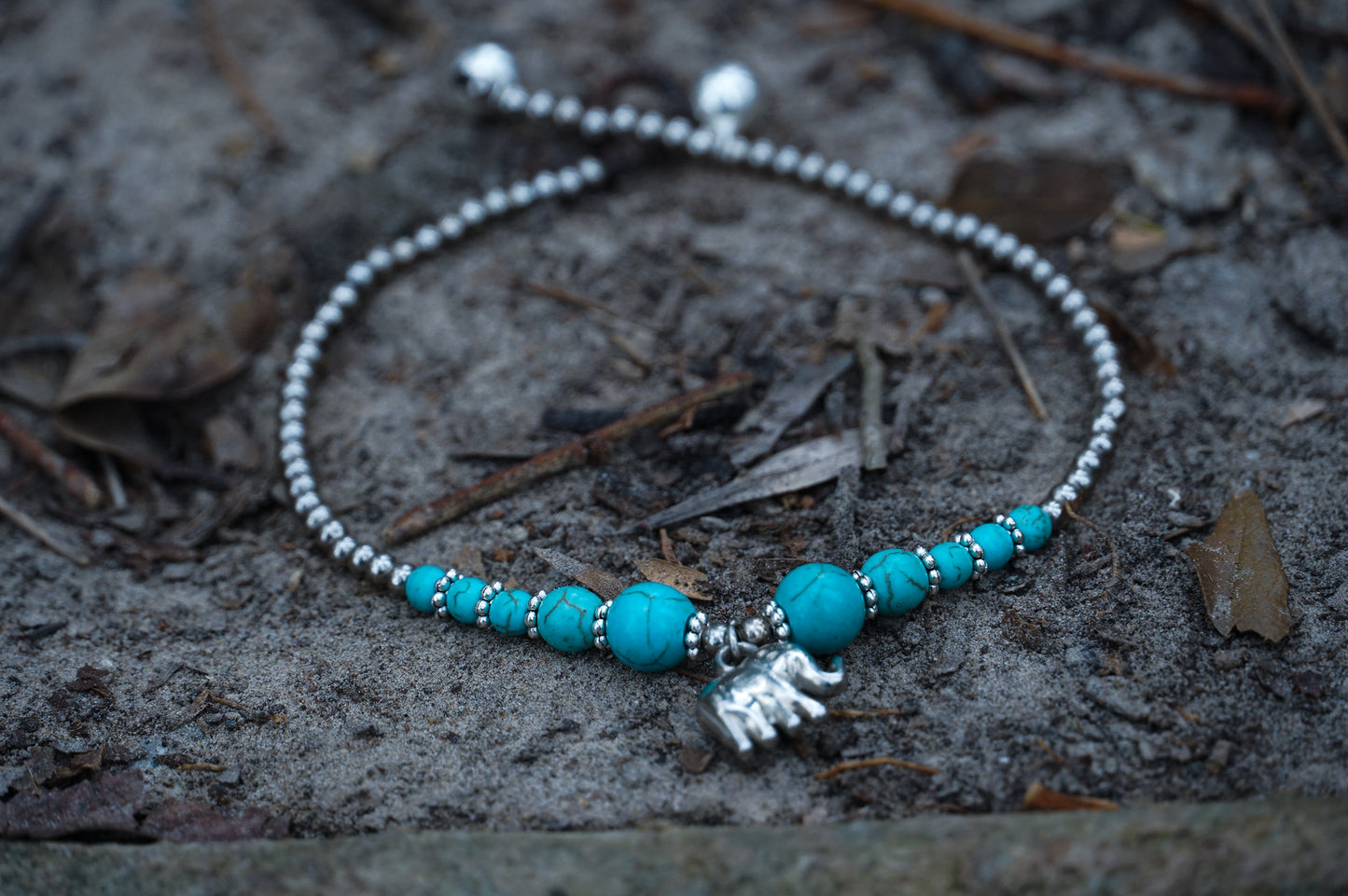 Turquoise Elephant Pendant Boho Silver Anklet