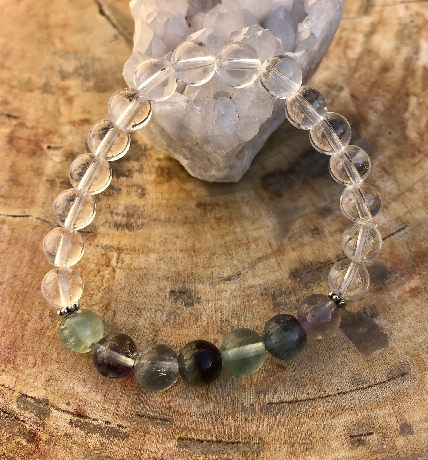 Rainbow Fluorite & Crystal Quartz Stretch Bracelet! Natural Gemstones!