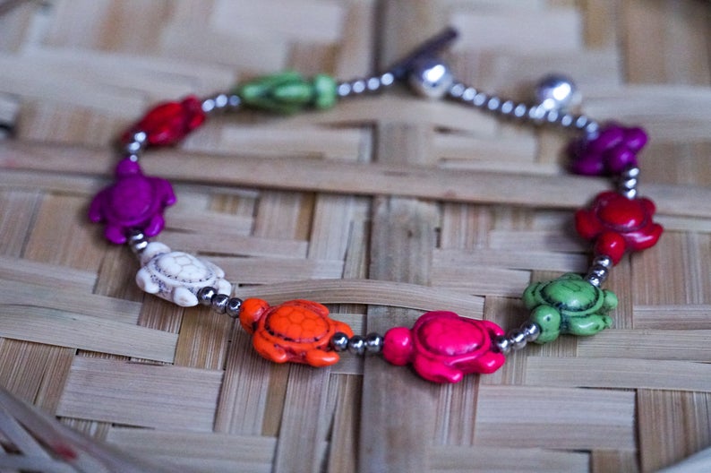 Colorful Turtle Boho Silver Anklet