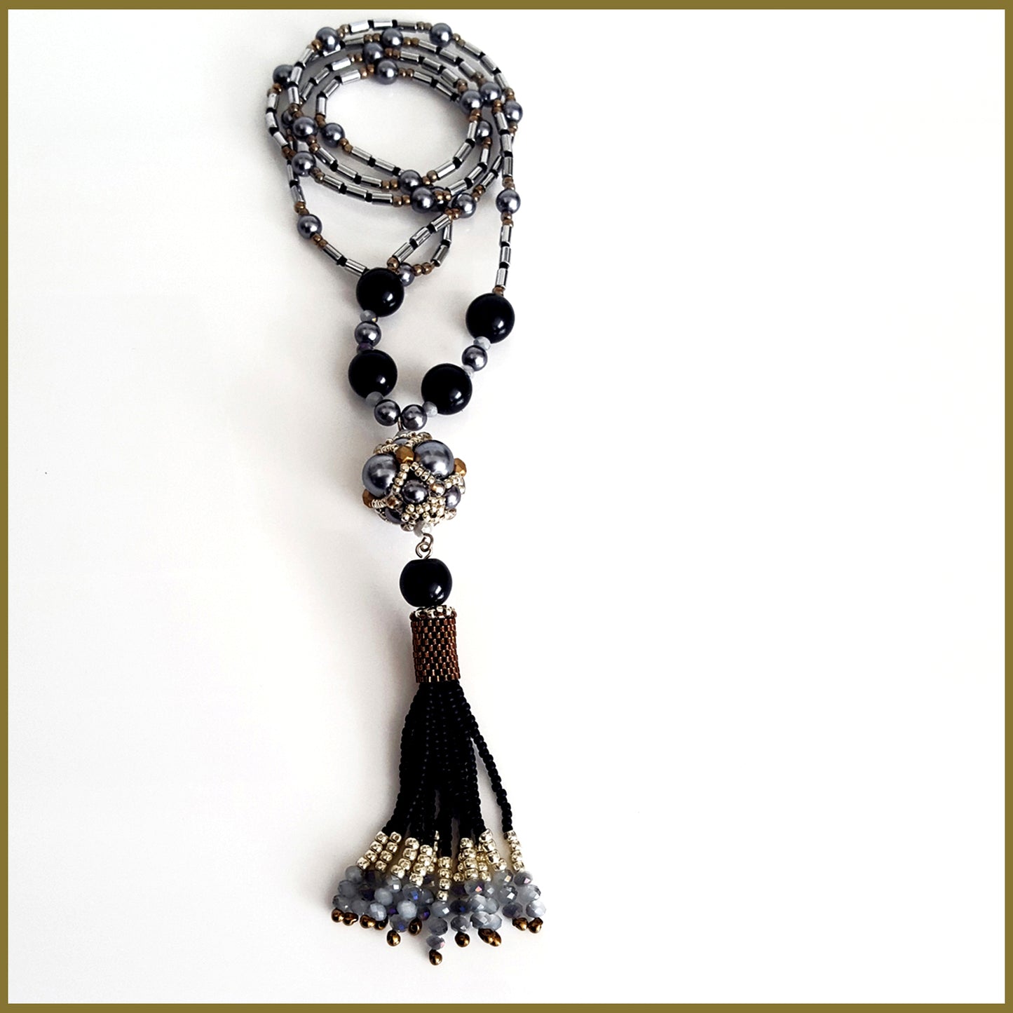 Black Beaded Tassel and Hematite Necklace