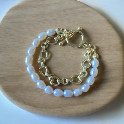 Chunky Freshwater Pearl Double Strand Gold Toggle Bracelet