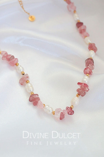 Natural Strawberry Quartz Crystal & Freshwater Pearls Choker