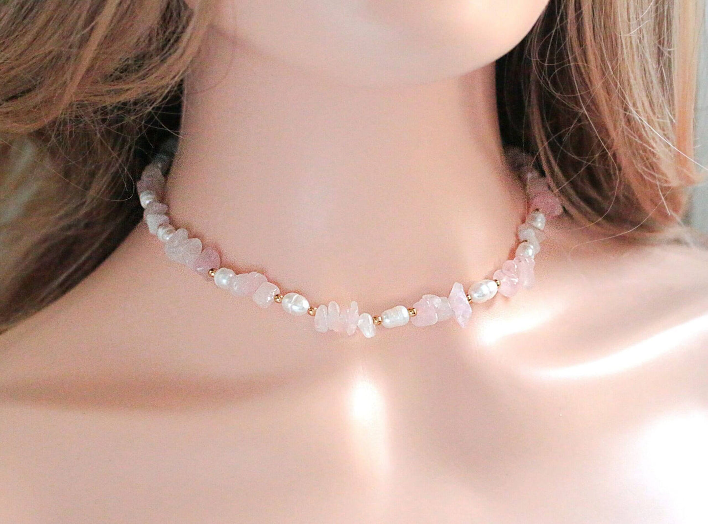 Natural Rose Quartz Crystal & Freshwater Pearls Choker