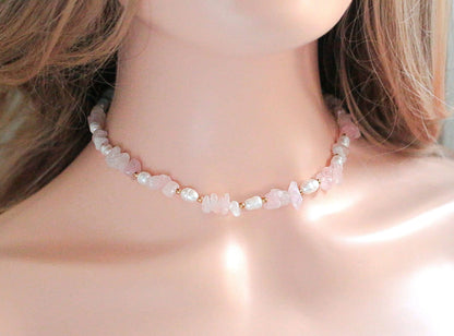 Natural Rose Quartz Crystal & Freshwater Pearls Choker