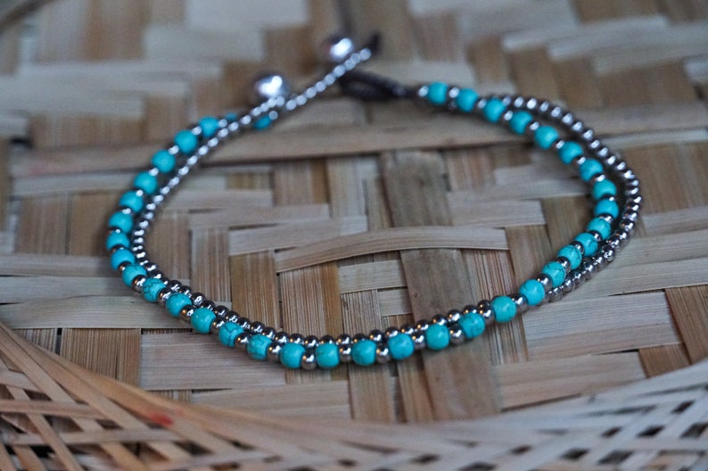 Turquoise Dual Band Boho Silver Anklet