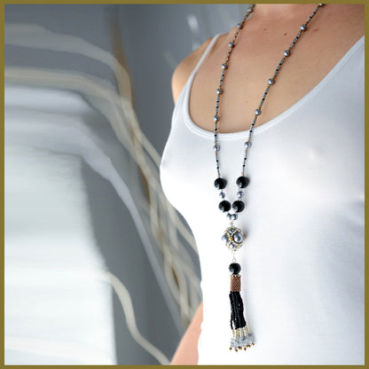 Black Beaded Tassel and Hematite Necklace