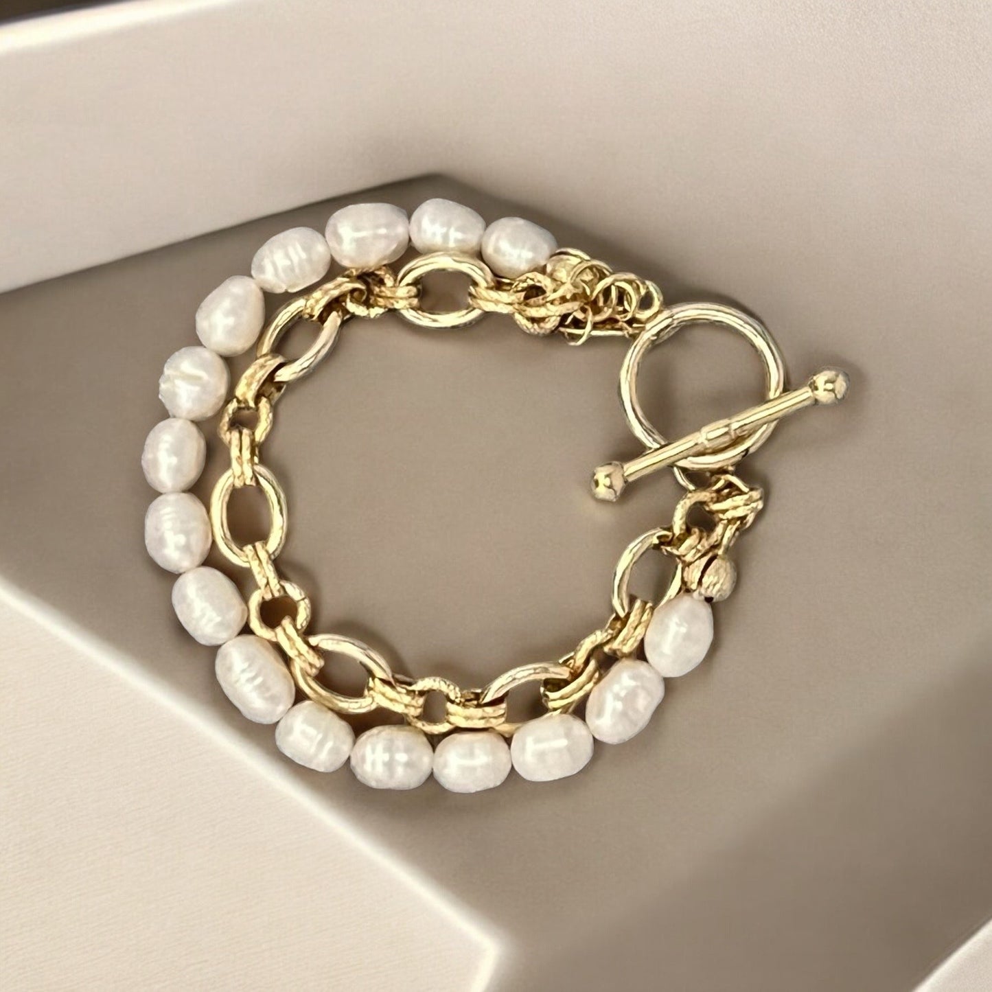 Chunky Freshwater Pearl Double Strand Gold Toggle Bracelet