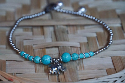 Turquoise Elephant Pendant Boho Silver Anklet