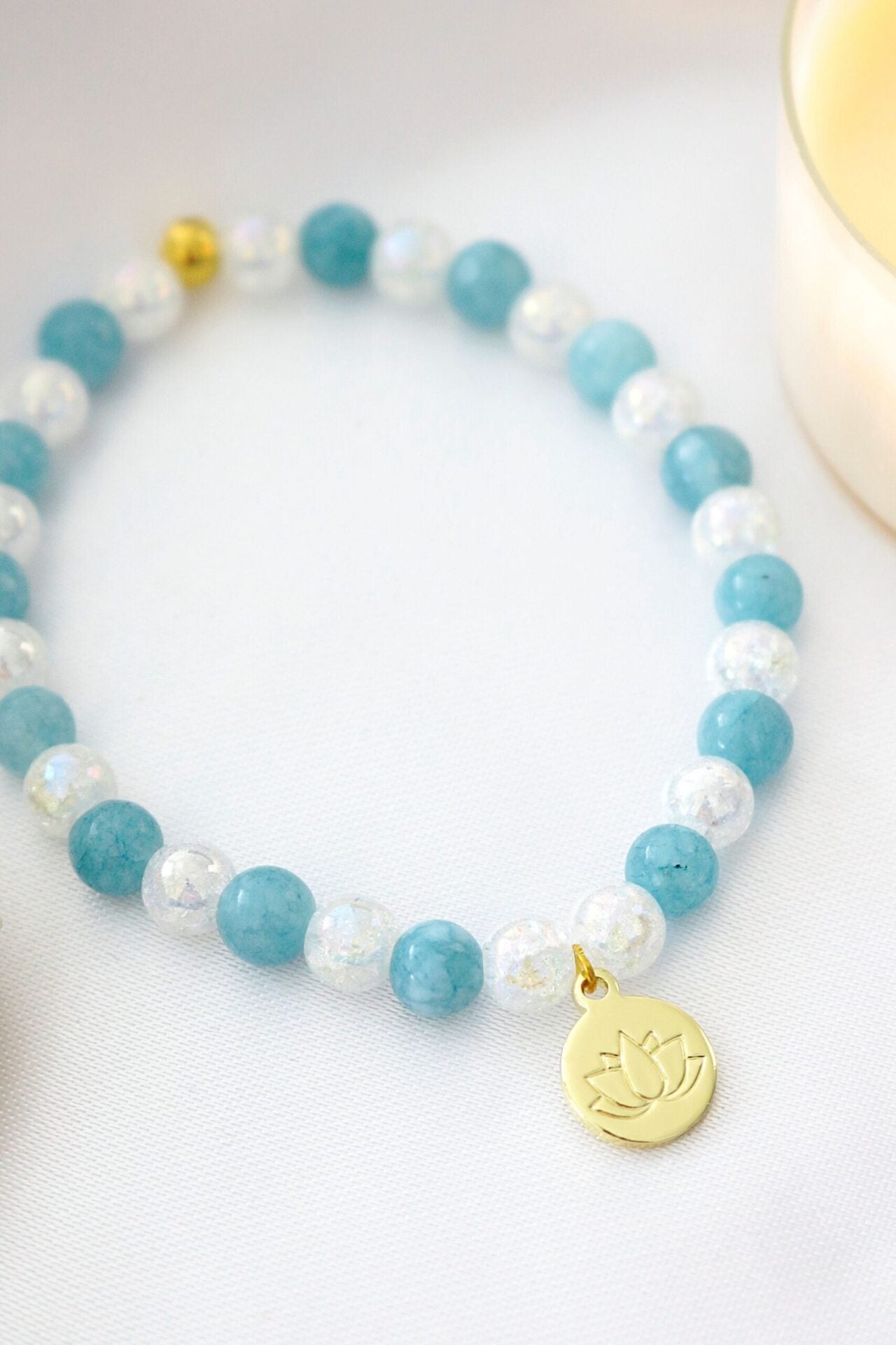 Aquamarine Elastic Bracelet | 24K Lotus Flower Charm