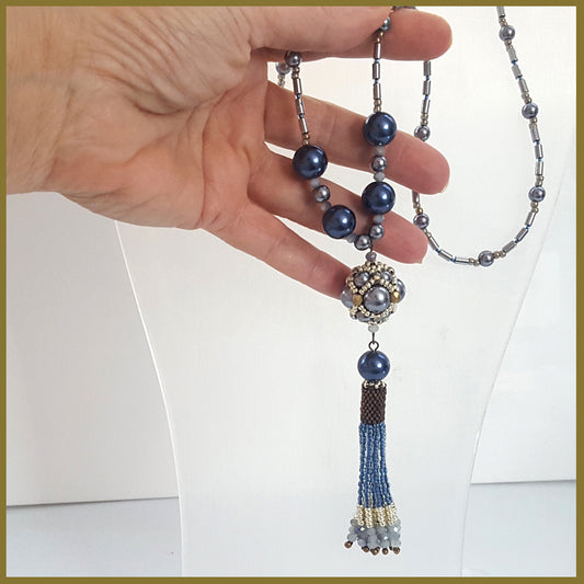 Blue Beaded Tassel Hematite Necklace