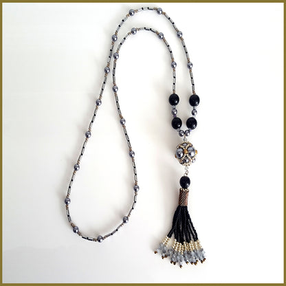 Black Beaded Tassel and Hematite Necklace