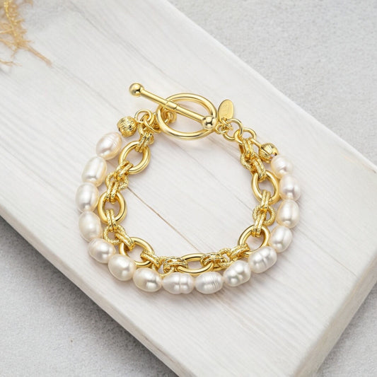 Chunky Freshwater Pearl Double Strand Gold Toggle Bracelet