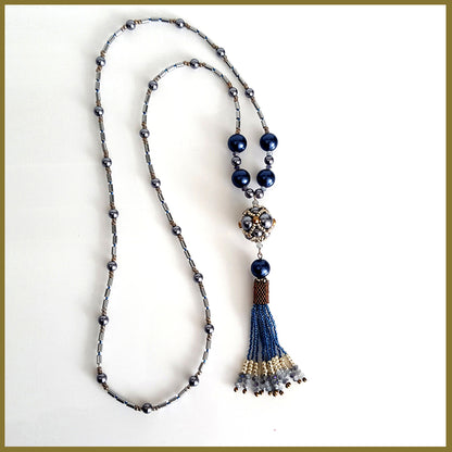 Blue Beaded Tassel Hematite Necklace