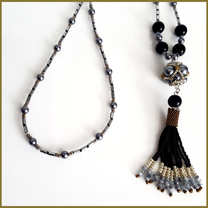 Black Beaded Tassel and Hematite Necklace