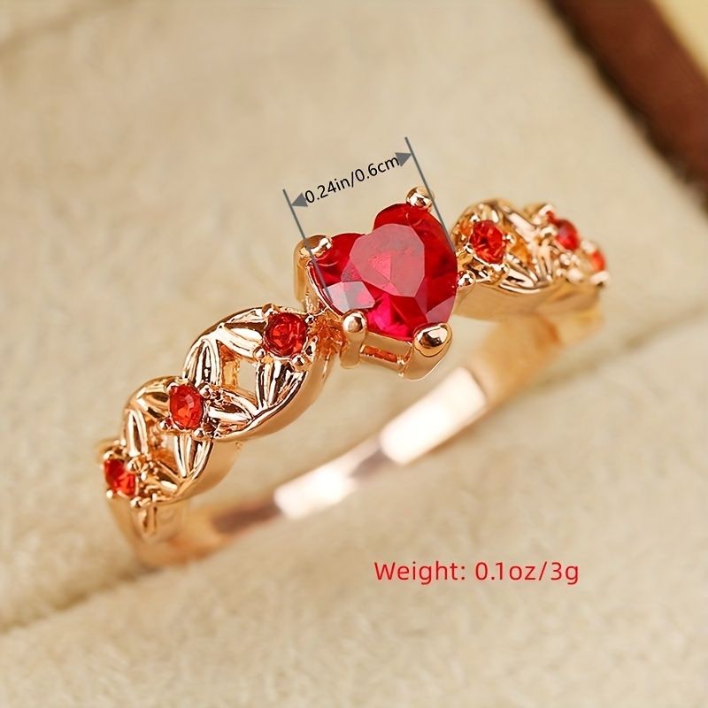 Shiny Red Heart Shape Zircon Promise Ring Sweet Wedding Band