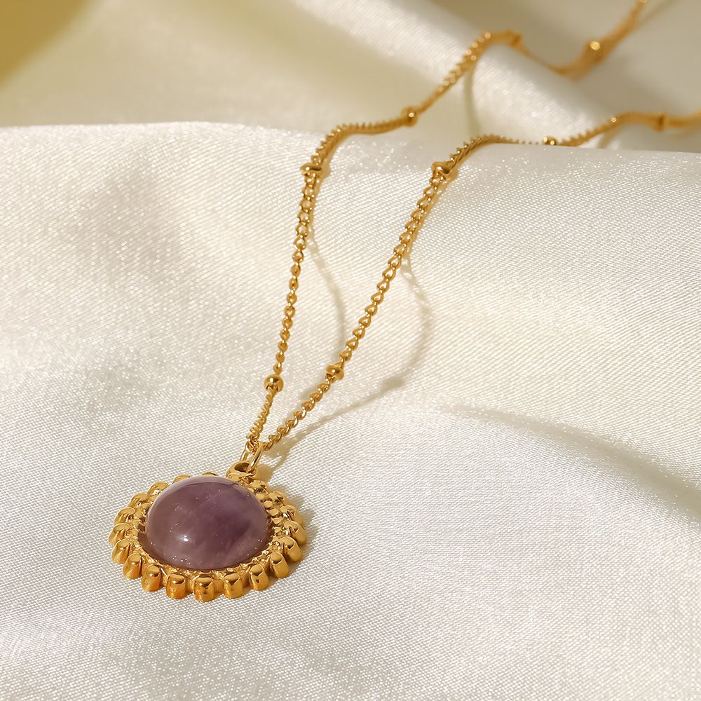 18k Gold Plated Purple Semi-precious Stone Pendant Necklace Stainless