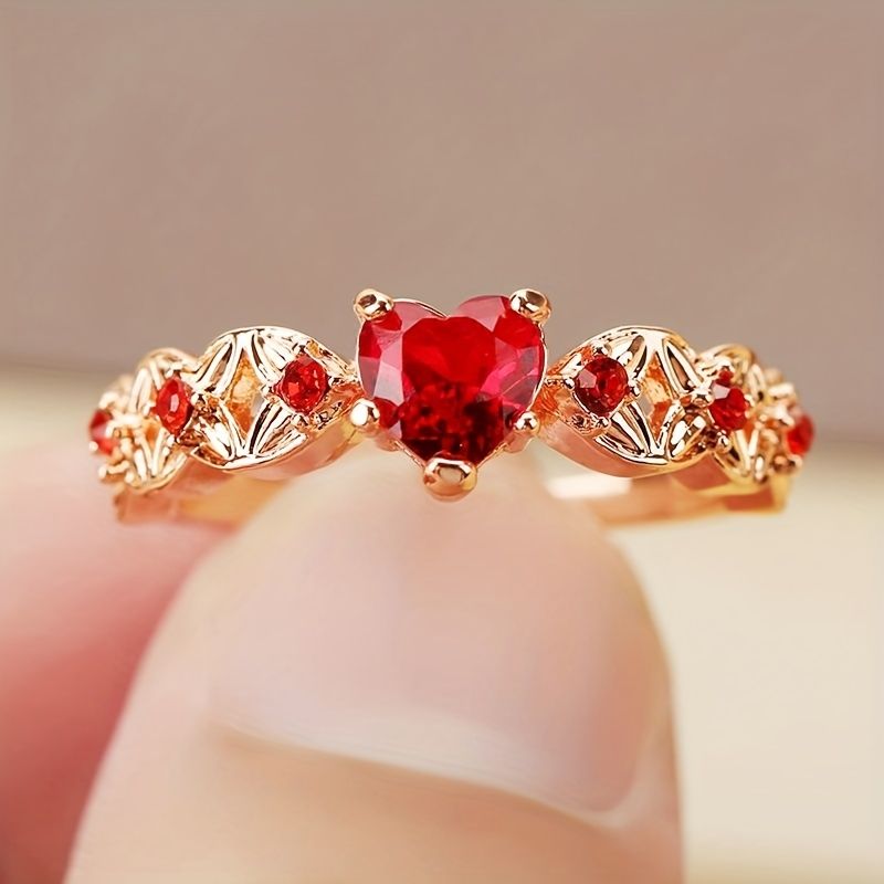 Shiny Red Heart Shape Zircon Promise Ring Sweet Wedding Band