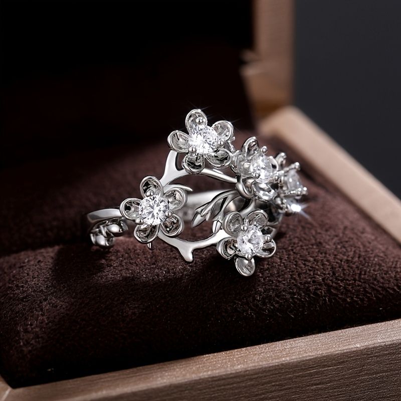 Fashion Elegant Ladies Silver Ring Engagement Wedding Romantic Flower