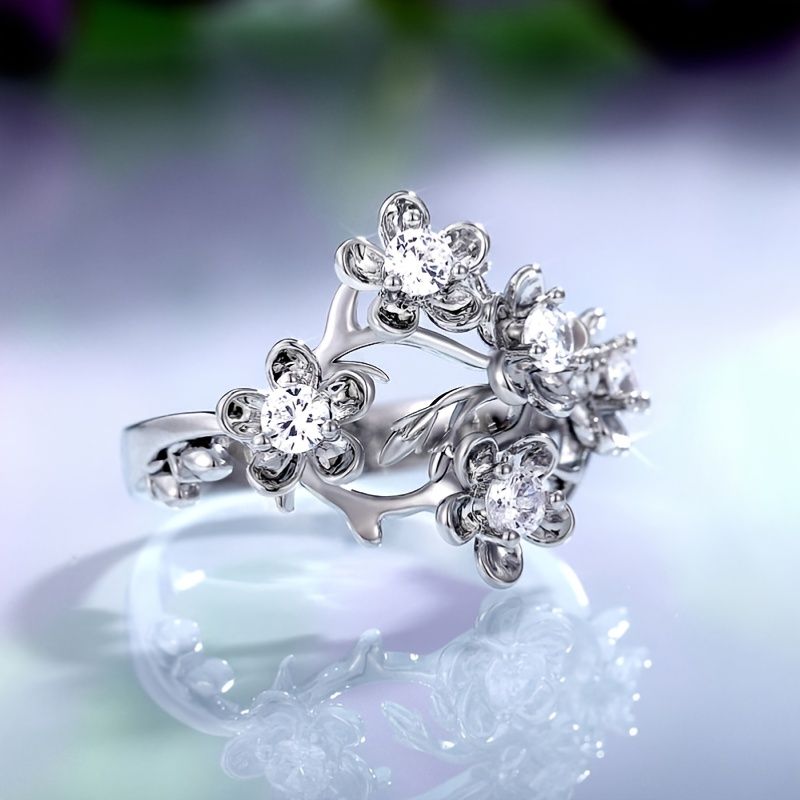 Fashion Elegant Ladies Silver Ring Engagement Wedding Romantic Flower