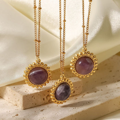 18k Gold Plated Purple Semi-precious Stone Pendant Necklace Stainless