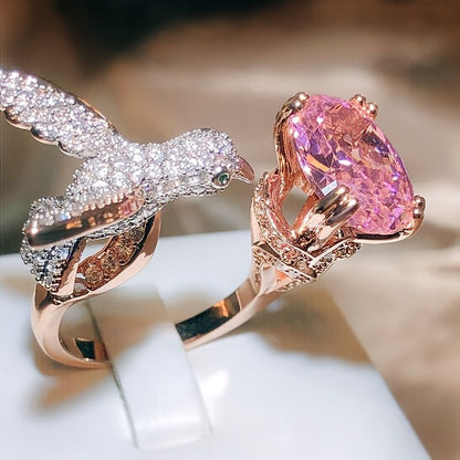 Lovely Pink Zircon And Hummingbird Open Ring Elegant Jewelry 925