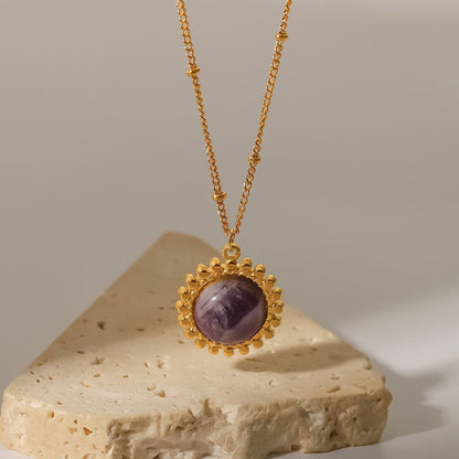 18k Gold Plated Purple Semi-precious Stone Pendant Necklace Stainless