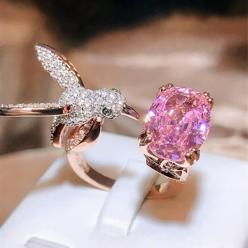 Lovely Pink Zircon And Hummingbird Open Ring Elegant Jewelry 925