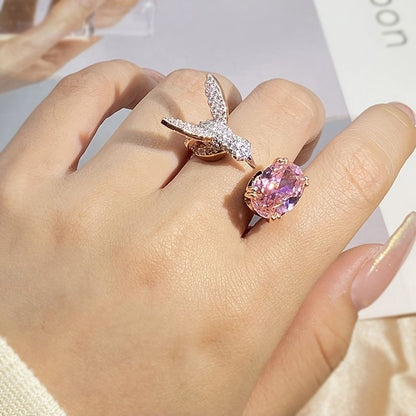 Lovely Pink Zircon And Hummingbird Open Ring Elegant Jewelry 925