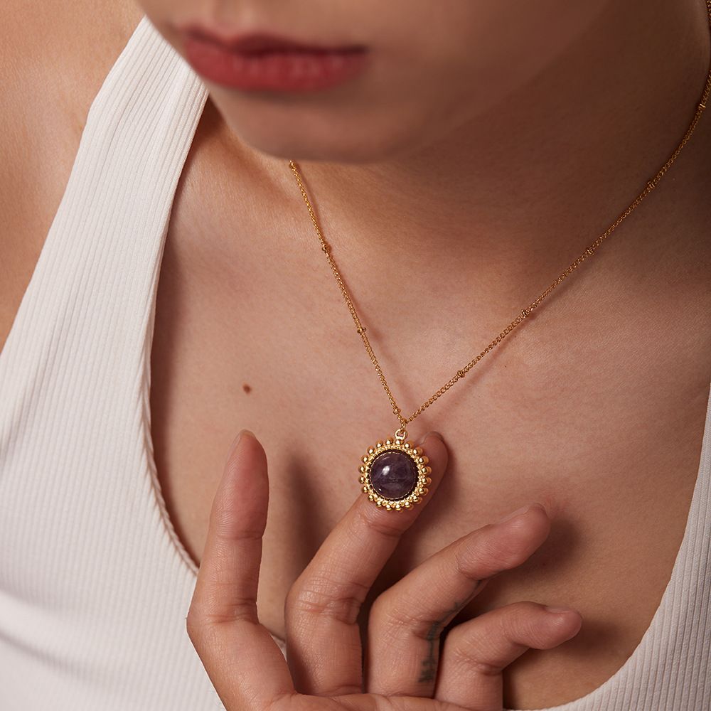 18k Gold Plated Purple Semi-precious Stone Pendant Necklace Stainless