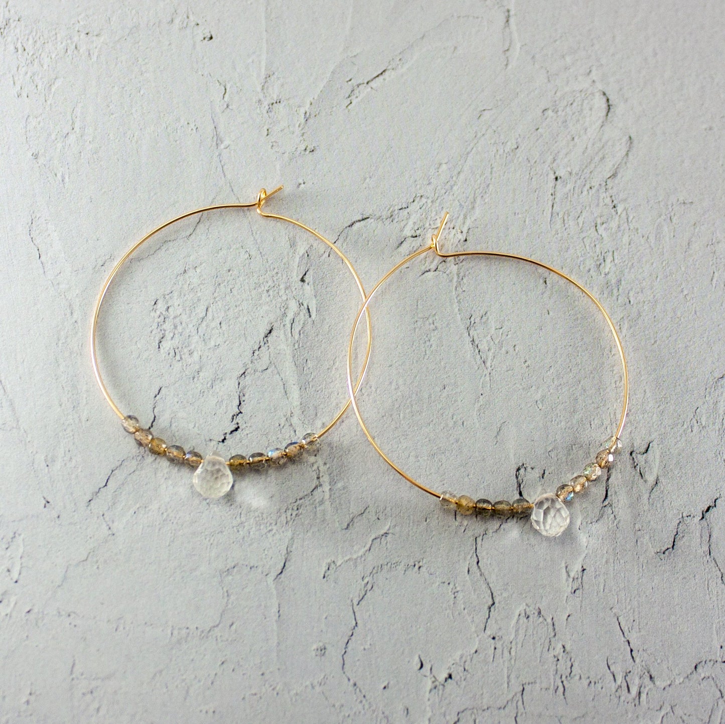 14k Gold Filled Labradorite & Quartz Beaded Hoop Earrings