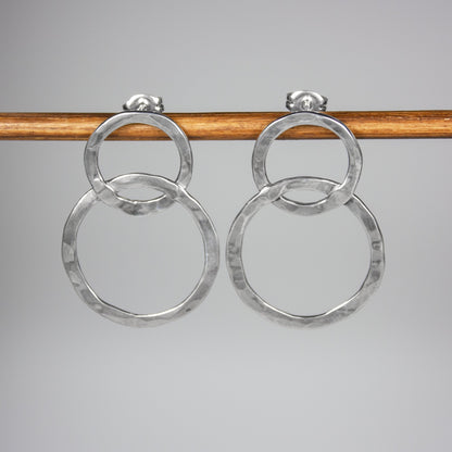 Hammered and Locked Circles Sterling Silver Earrings